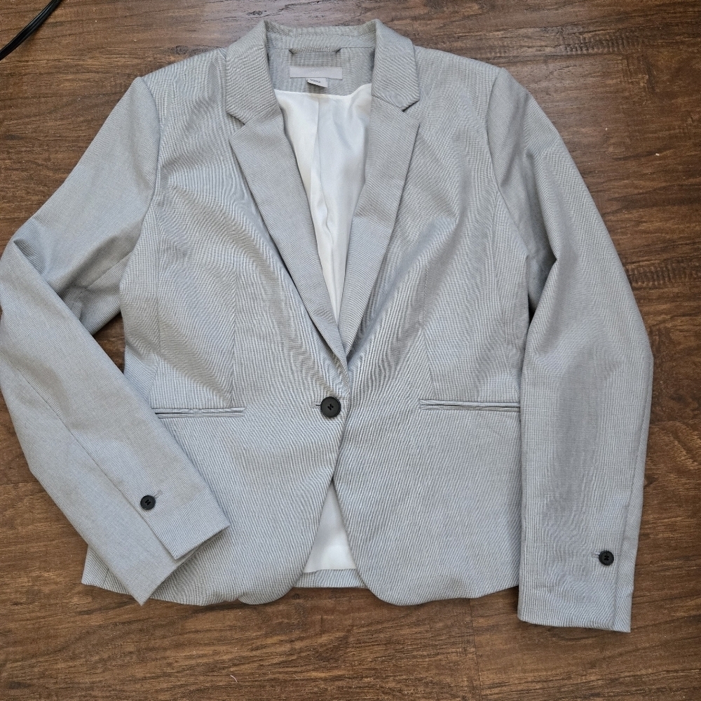 H&M Pinstripe Blazer Sz 12 Lined Polyester, Button Black Stripes